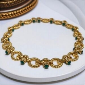 18k Gold Plated Matte Twisted Cable Emerald Glass Cabochon Necklace